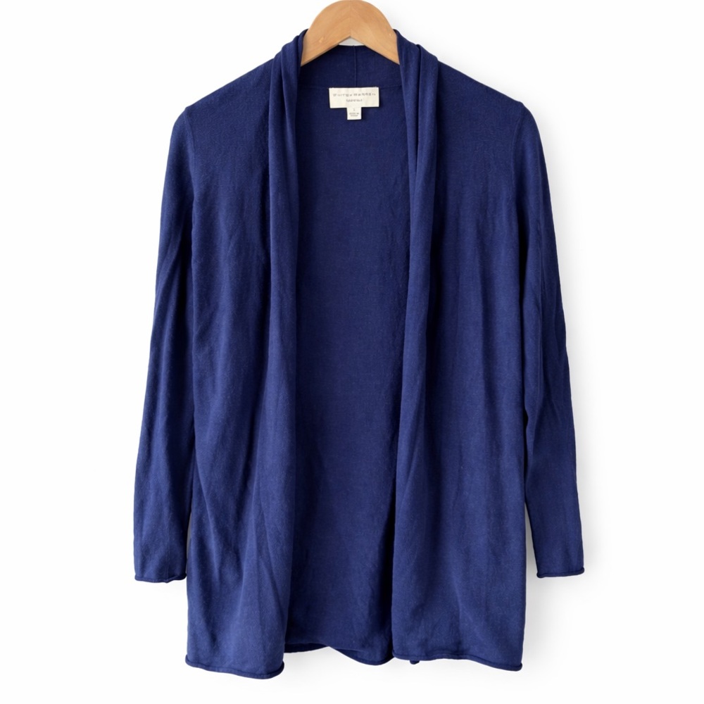 White + Warren Cotton Cashmere Cardigan S Blue Open Front Raw Hem Knit Sweater